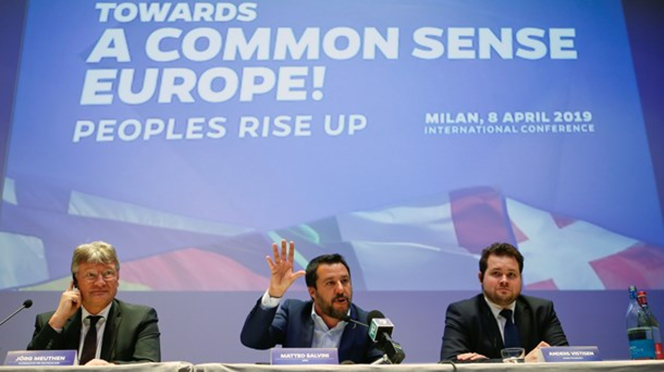Jörg Meuthen, Mateo Salvini og Anders Vistisen ved lanceringen af&nbsp;European Alliance for People and Nations i april.&nbsp;