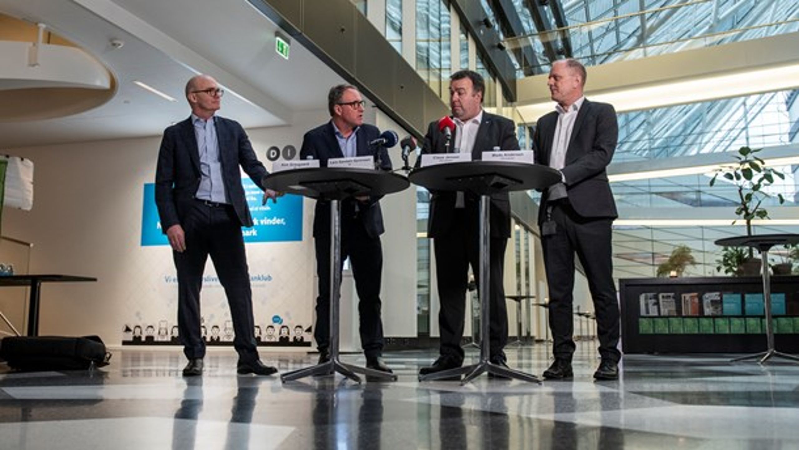 De fire topforhandlere mødtes onsdag i Industriens Hus i København. Fra Venstre:&nbsp;Kim Graugaard, Lars Sandahl Sørensen, Claus Jensen og Mads Andersen.&nbsp;