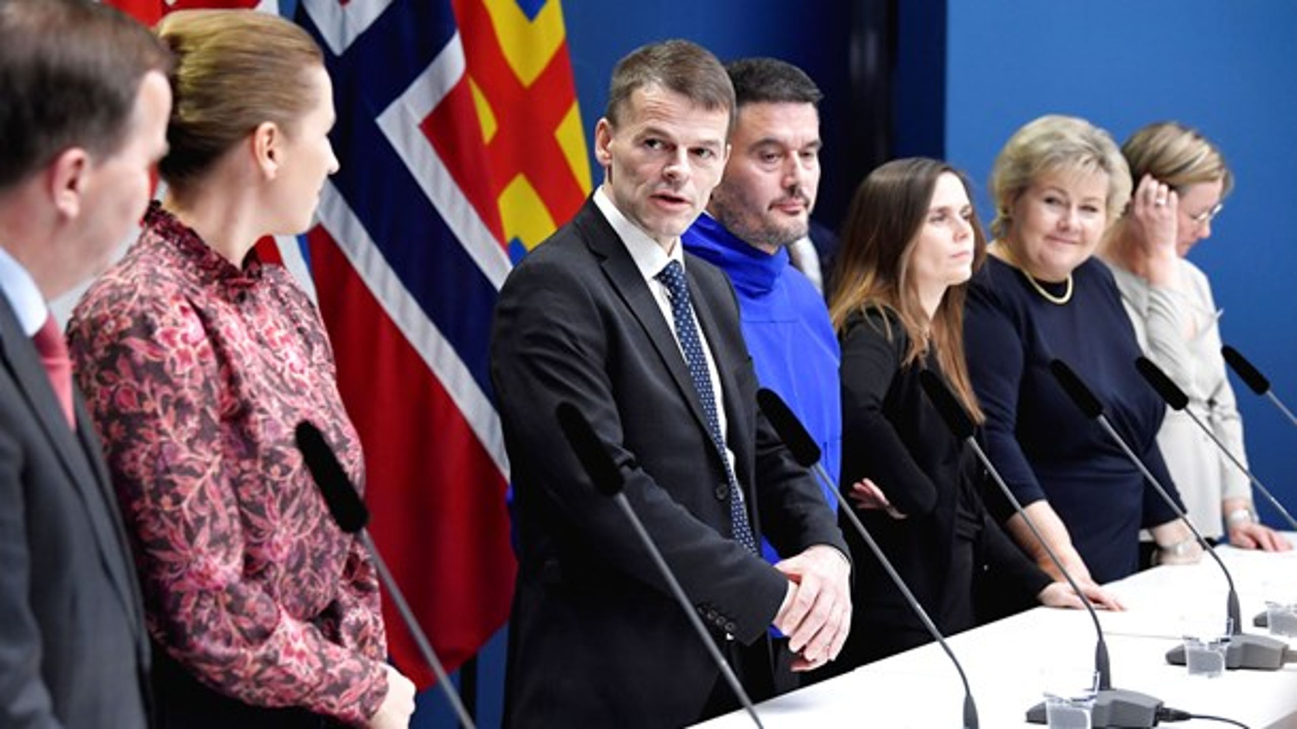 Danmarks statsminister Mette Frederiksen (nr. 2 fra venstre), Færøernes lagmand, Bárður á Steig Nielsen (nr. tre fra venstre), og Grønlands landsstyreformand, Kim Kielsen (nr. fire fra venstre), til møde i Nordisk Råd i oktober 2019 sammen med ledere fra de øvrige nordiske lande.