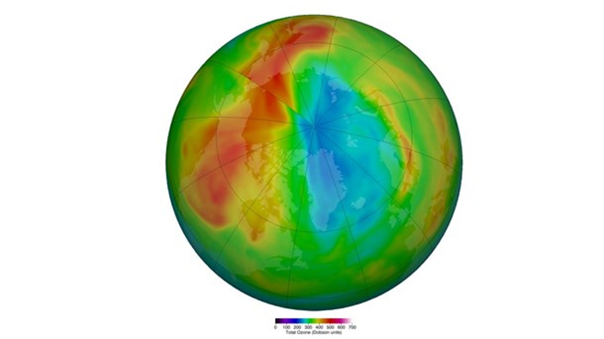 Ozonlaget over Arktis 3. april 2020.