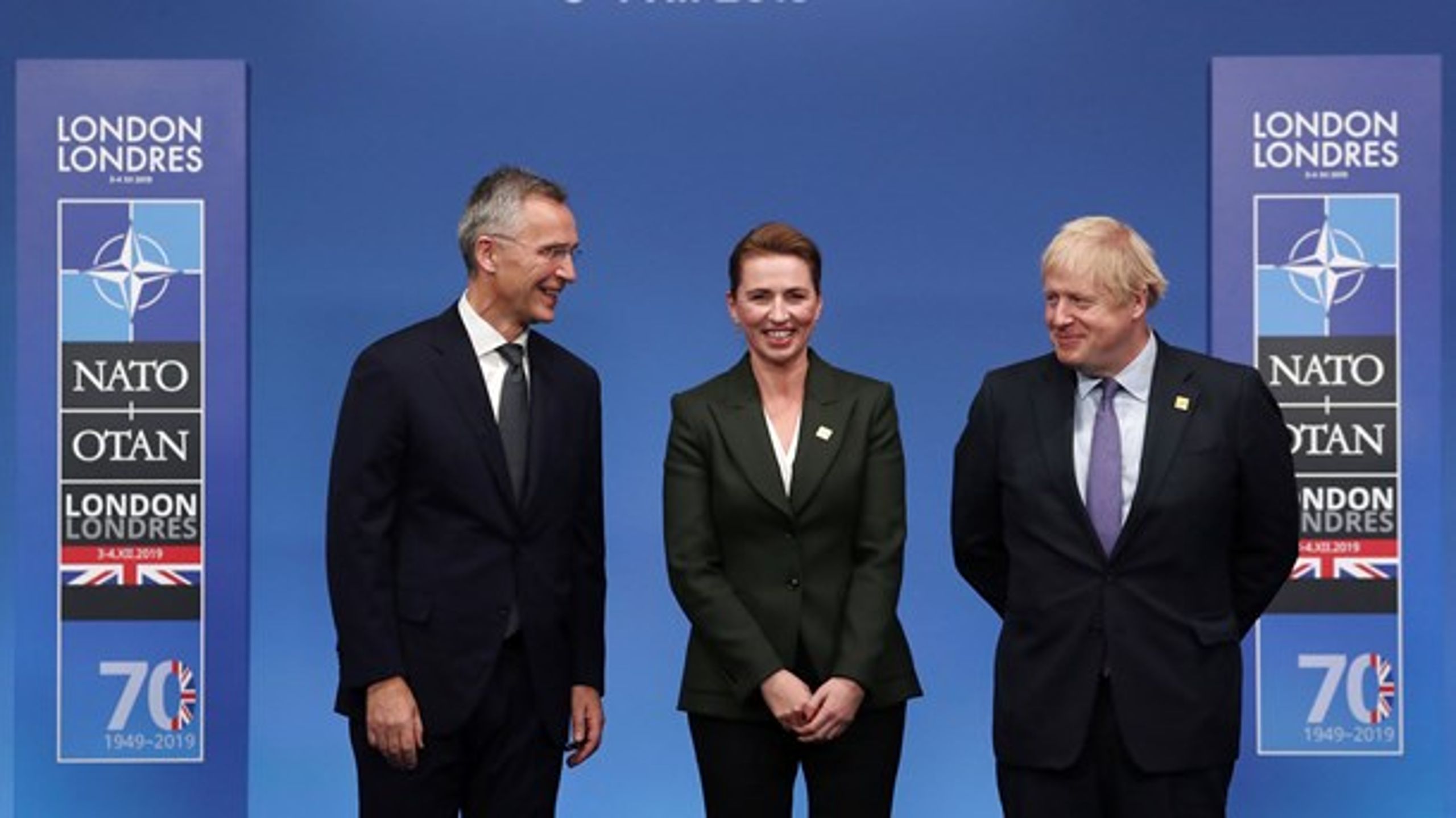 Danmarks statsminister Mette Frederiksen (i midten) sammen med Natos generalsekretær, Jens Stoltenberg (t.v.), og Storbritanniens premierminister, Boris Johnson (t.h.), ved Nato-topmødet i London i december 2019.