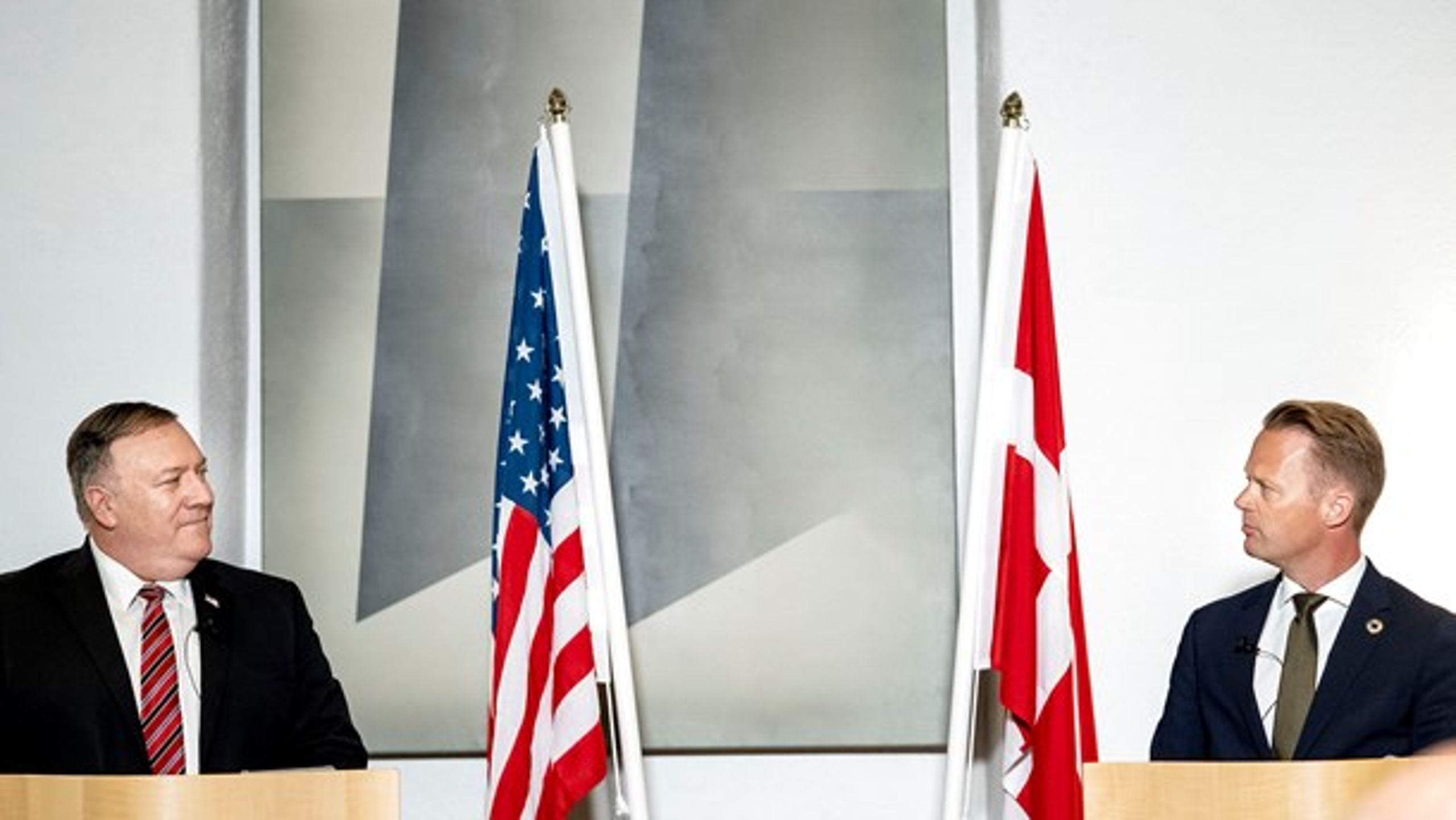 Jeppe Kofod og USA's udenrigsminister Mike Pompeo holder pressemøde i juli 2020.