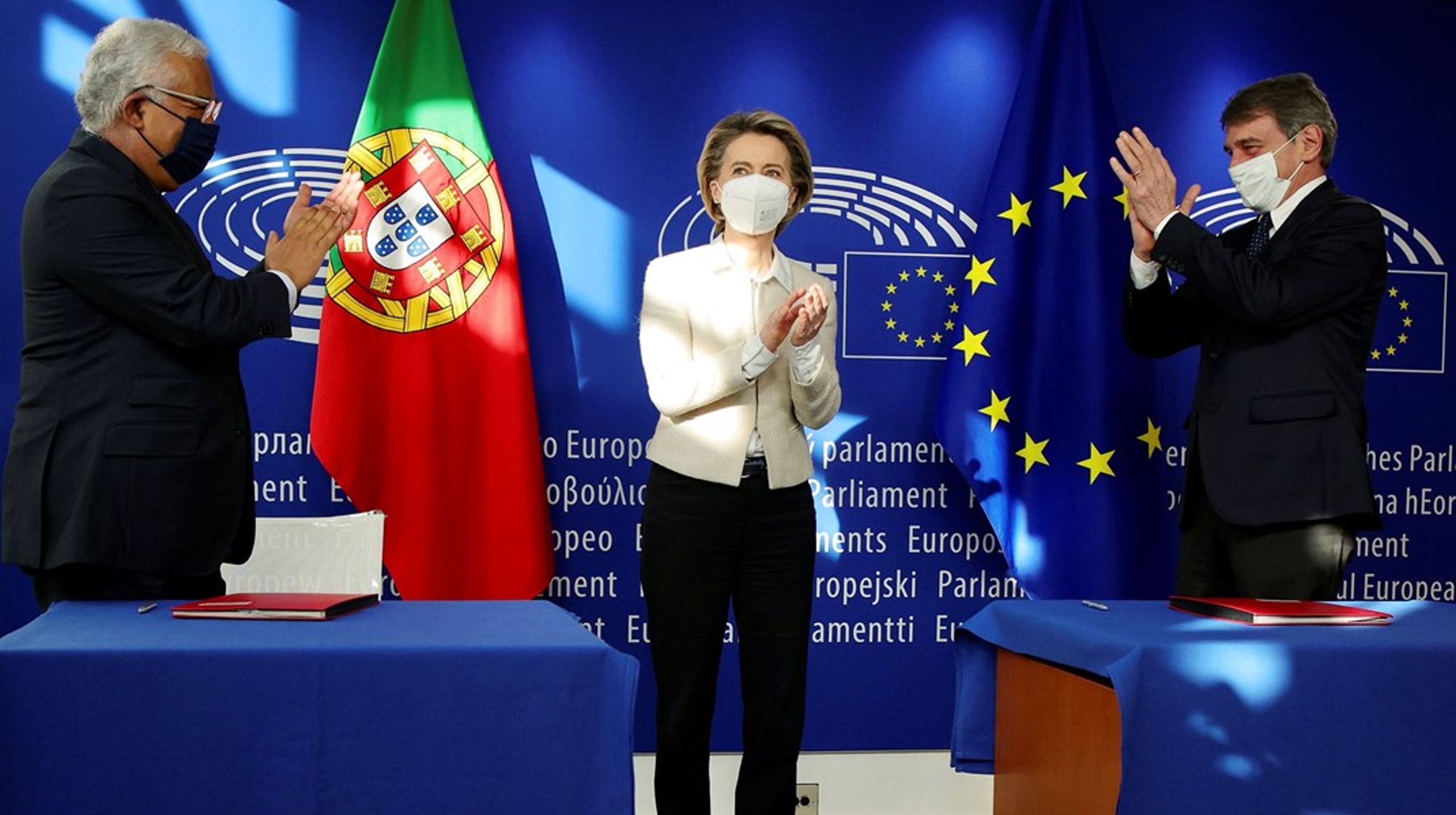 Ikke mindre end tre formænd skal der til for at lede konferencen om Europas fremtid, tegner det til. Fra Venstre er det den portugisiske premierminister Antonio Costa, EU-kommissionsformand Ursula von der Leyen, og EU-parlamentsformand David Sassoli.