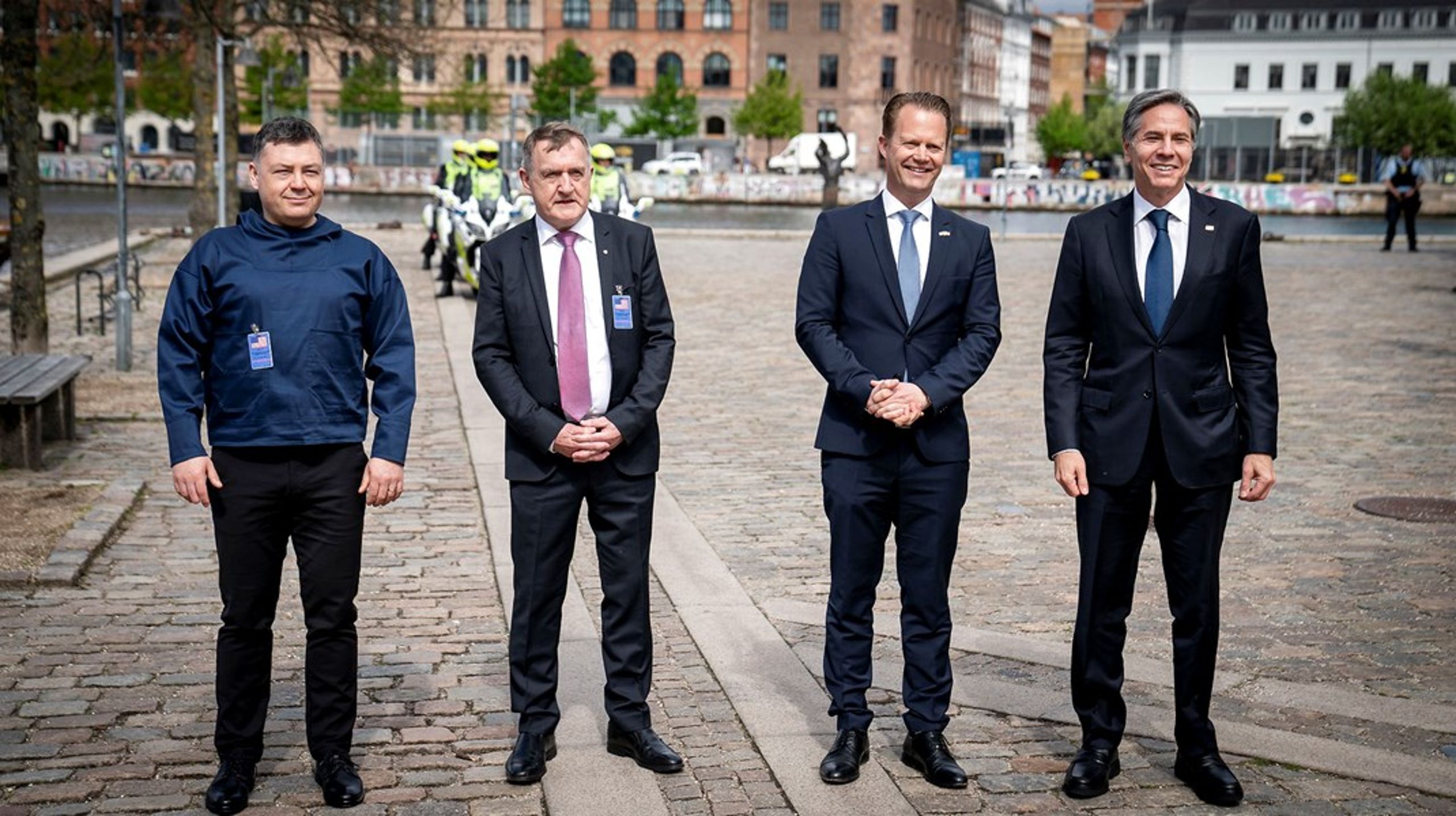 Fra venstre: Grønlands landsstyremedlem for udenrigsanliggender Pele Broberg, Færøernes landsstyremedlem for udenrigsanliggender Jenis av Rana, Danmarks udenrigsminister Jeppe Kofod (S) og den amerikanske udenrigsminister Antony Blinken under sidstnævntes besøg i København i maj.