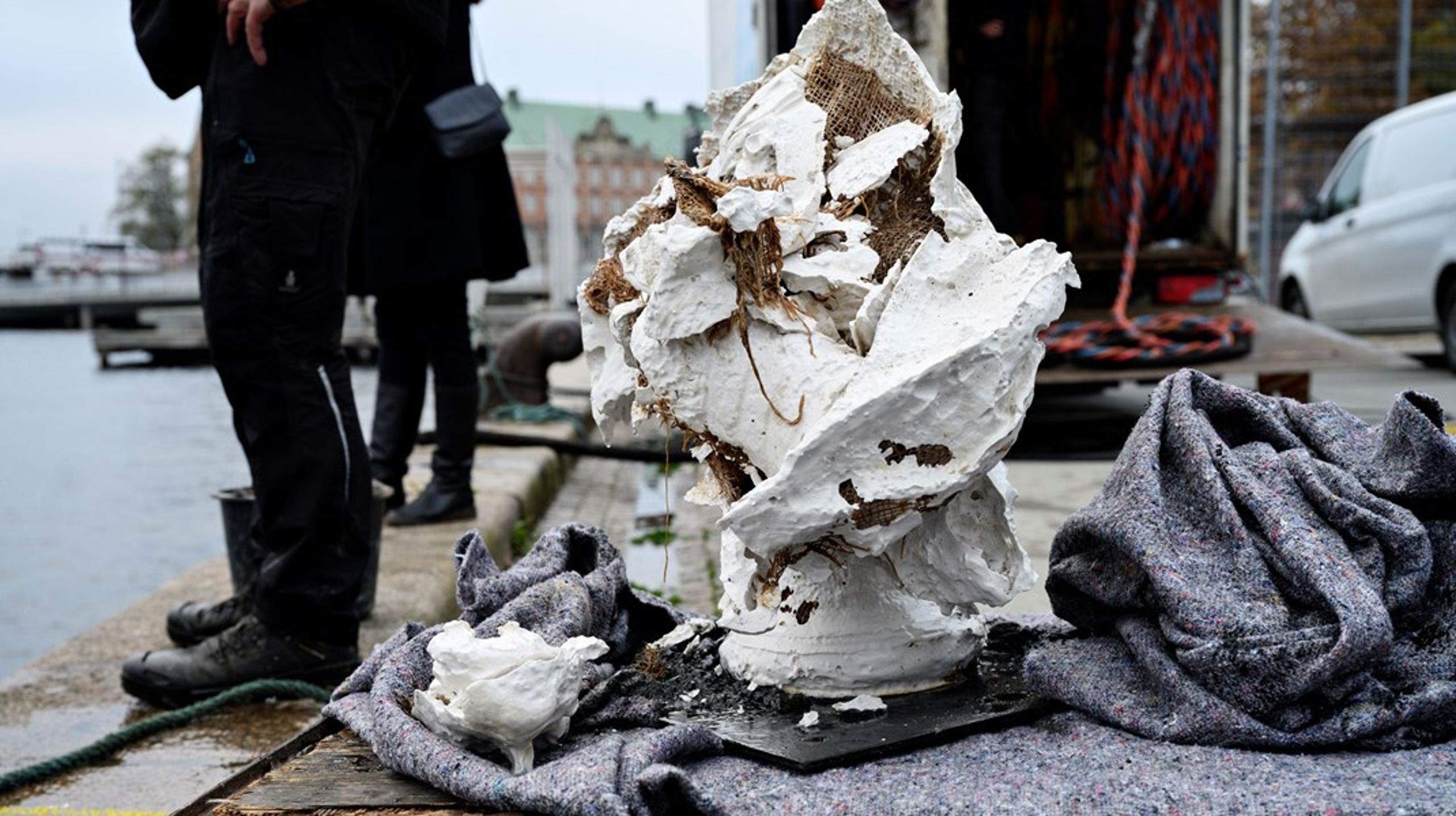 En buste af Frederik V blev i november 2020 smidt i havnen. På billedet er den hejst op, efter en dykkerbjergede busten. Skaderne på busten&nbsp;beløber sig til&nbsp;44.350 kroner.<br><br>