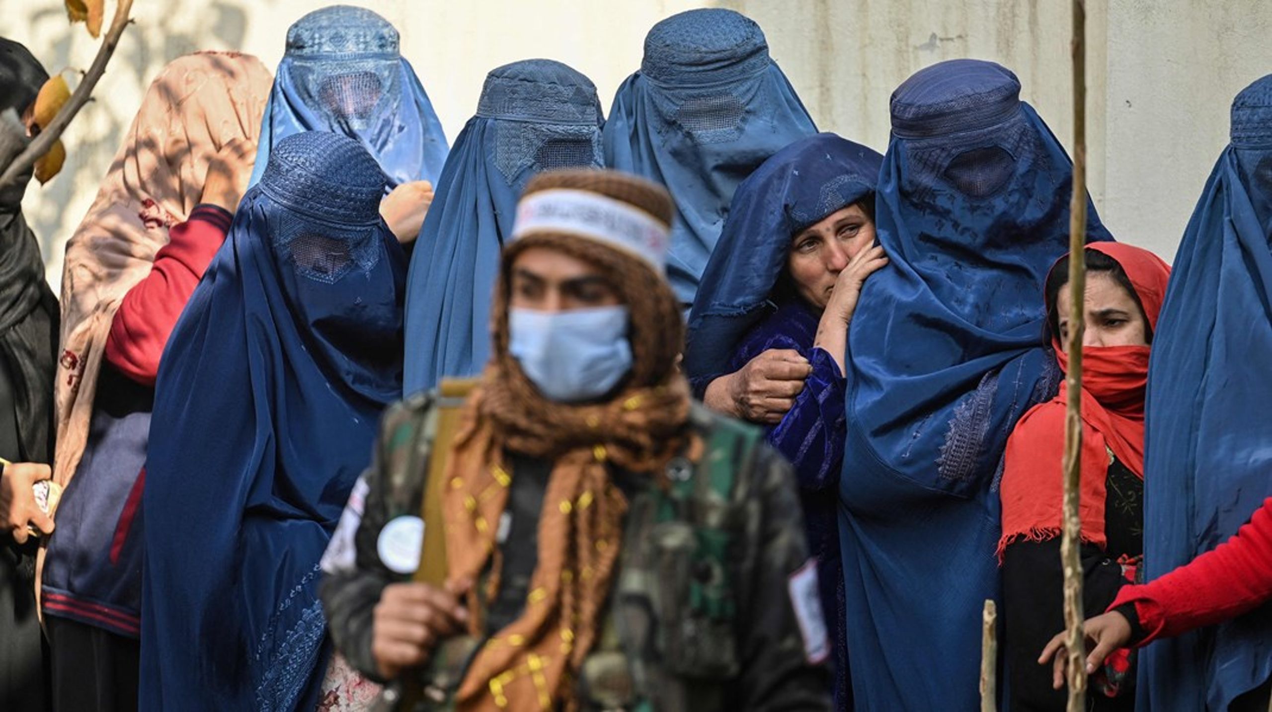En talibansoldat står vagt i november 2021, mens en kvinde venter i køen til uddeling af mad fra&nbsp;FN's fødevareprogram.
