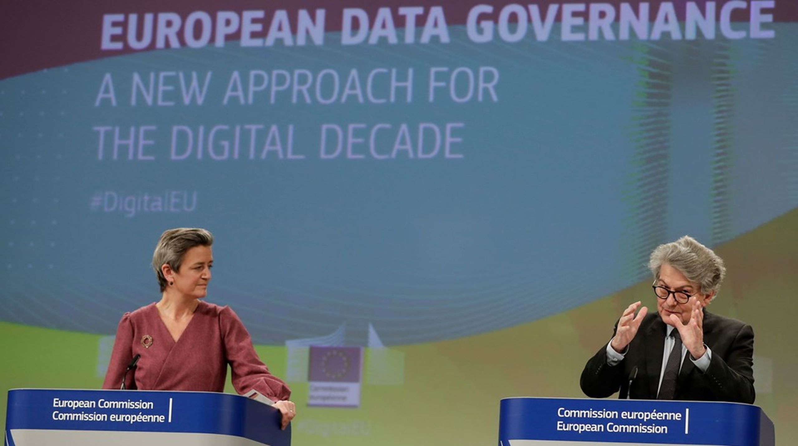 Den danske EU-kommissær Margrethe Vestager under en konference vedrørende Data Governance Act i EU-Kommissionen. November, 2020.<br>