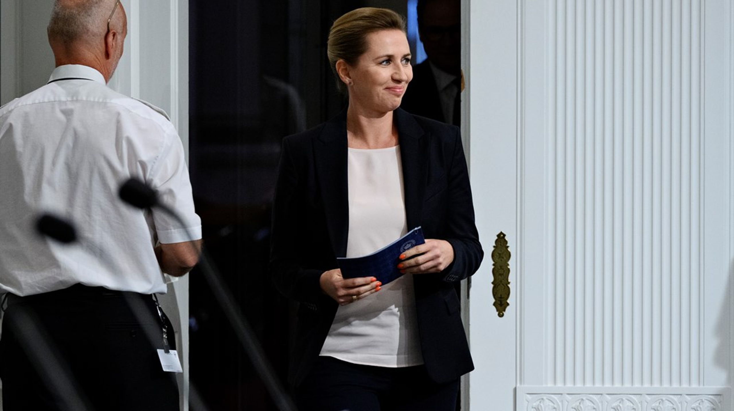 Statsminister Mette Frederiksen (S), da hun i september 2021 præsenterede <i>Danmark kan mere I</i>&nbsp;og forslaget om klimaerhvervsskolerne.