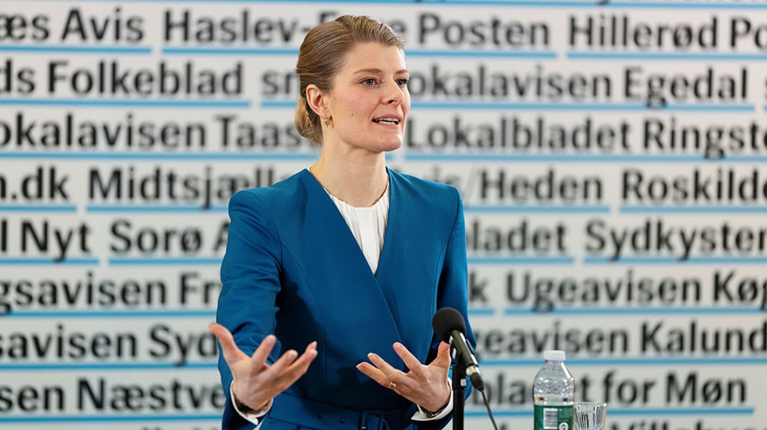 Ane Halsboe-Jørgensen ved præsentationen af&nbsp;regeringens medieudspil hos Sjællandske Medier.