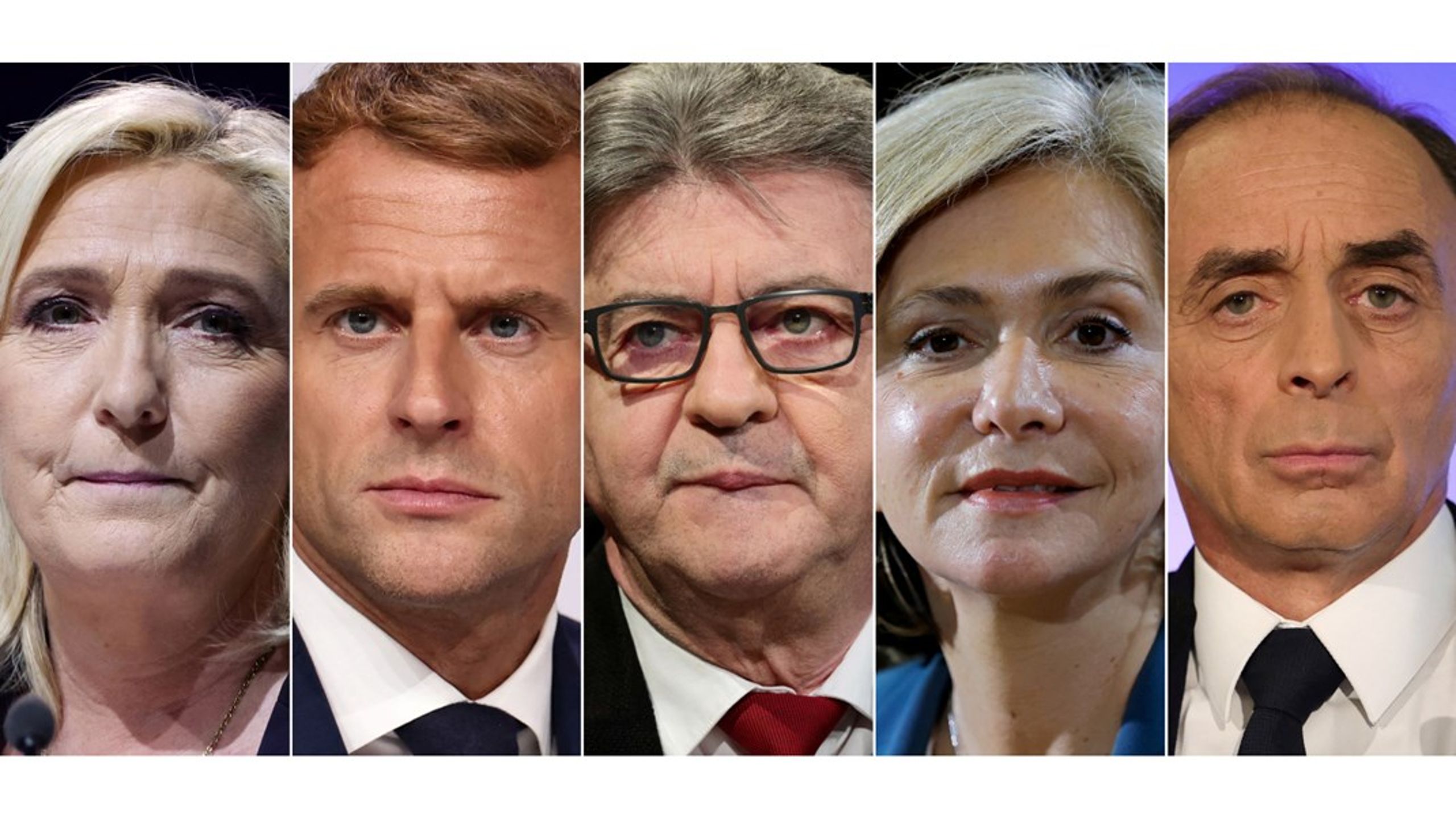 De fem førende kandidater (fra venstre): Marine Le Pen, Emmanuel Macron, Jean-Luc Mélenchon, Valérie Pécresse og Eric Zemmour.<br>
