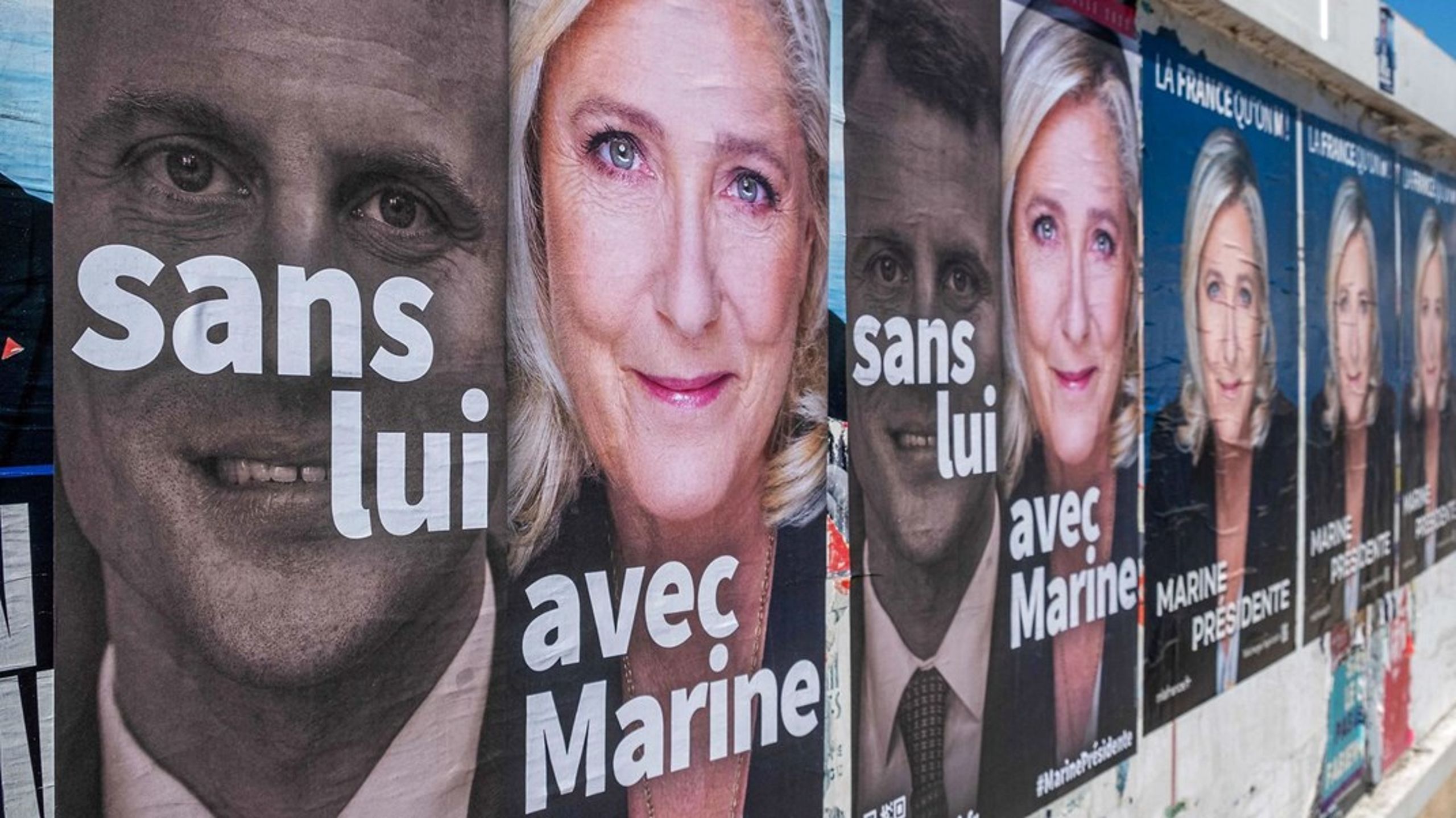 "Uden ham - med Marine", står der på valgplakaten fra Rassemblement National.&nbsp;