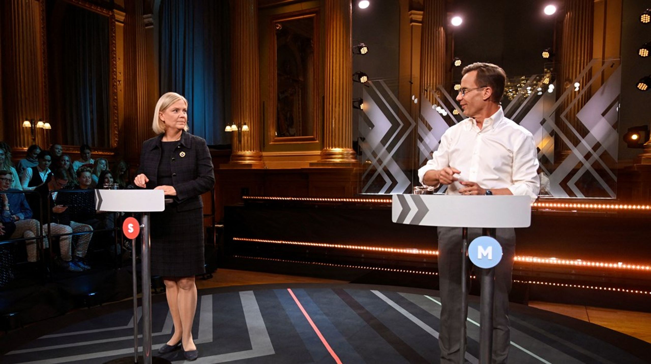 Socialdemokraternes Magdalena Andersson&nbsp;og&nbsp;Moderaternes&nbsp;Ulf Kristersson i tv-debat inden valget.