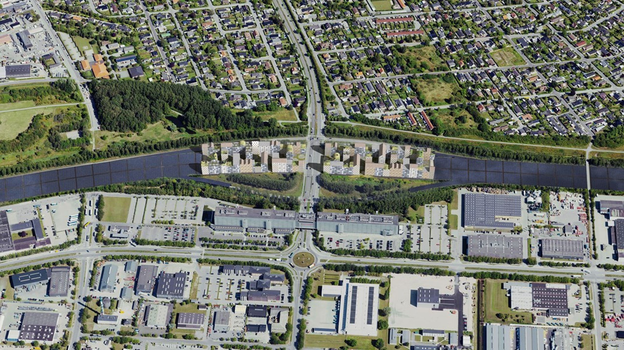 Sådan kan et stykke af Amagermotorvejen komme til at se ud i fremtiden, hvis Hvidovre Kommune lykkedes med at overdække den med boliger og solceller.