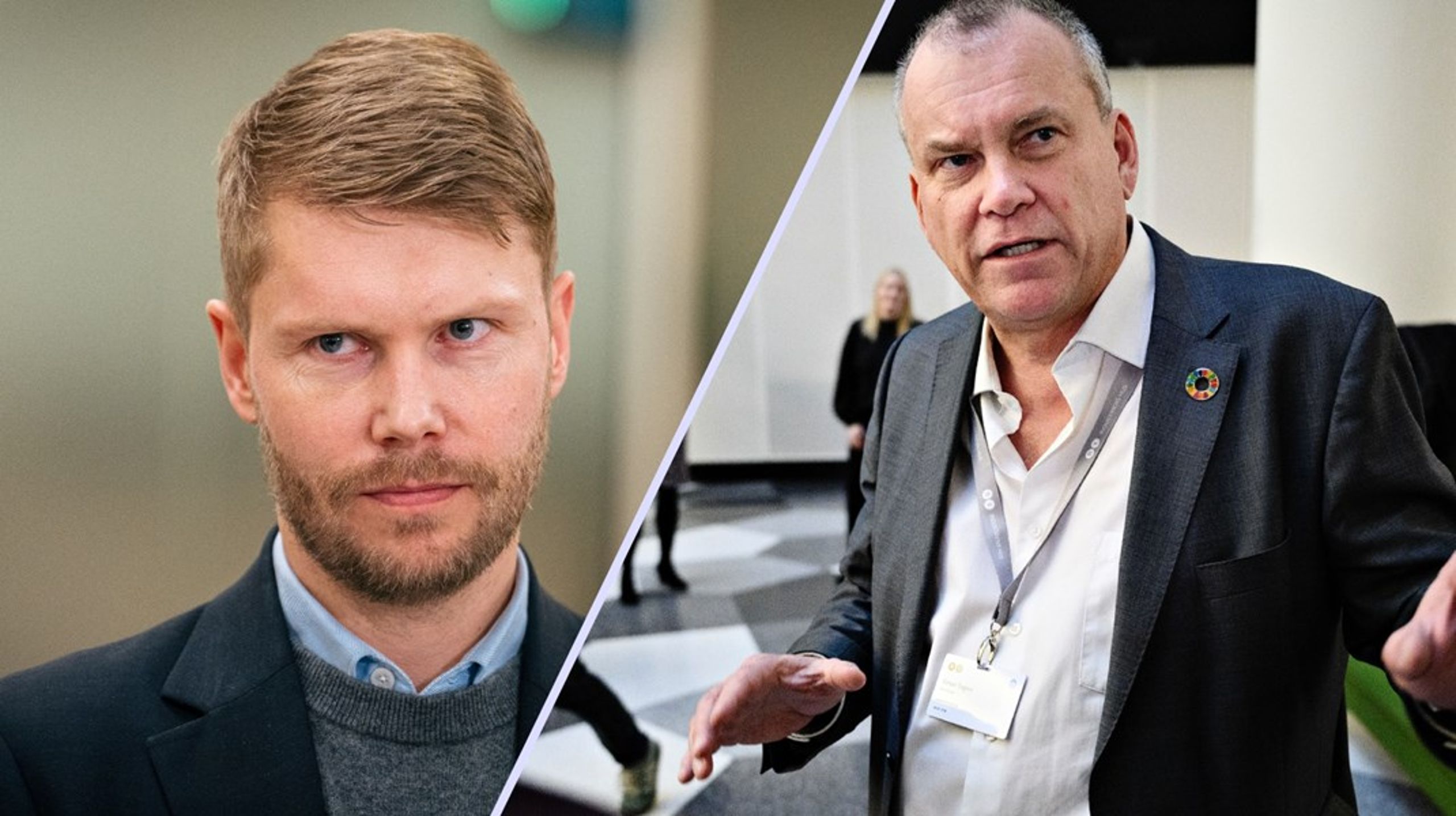 Venstres beskæftigelsesordfører&nbsp;Christoffer Aagaard Melson (t.v.) og HK Privats afgårende formand&nbsp;Simon Tøgern (t.h.).