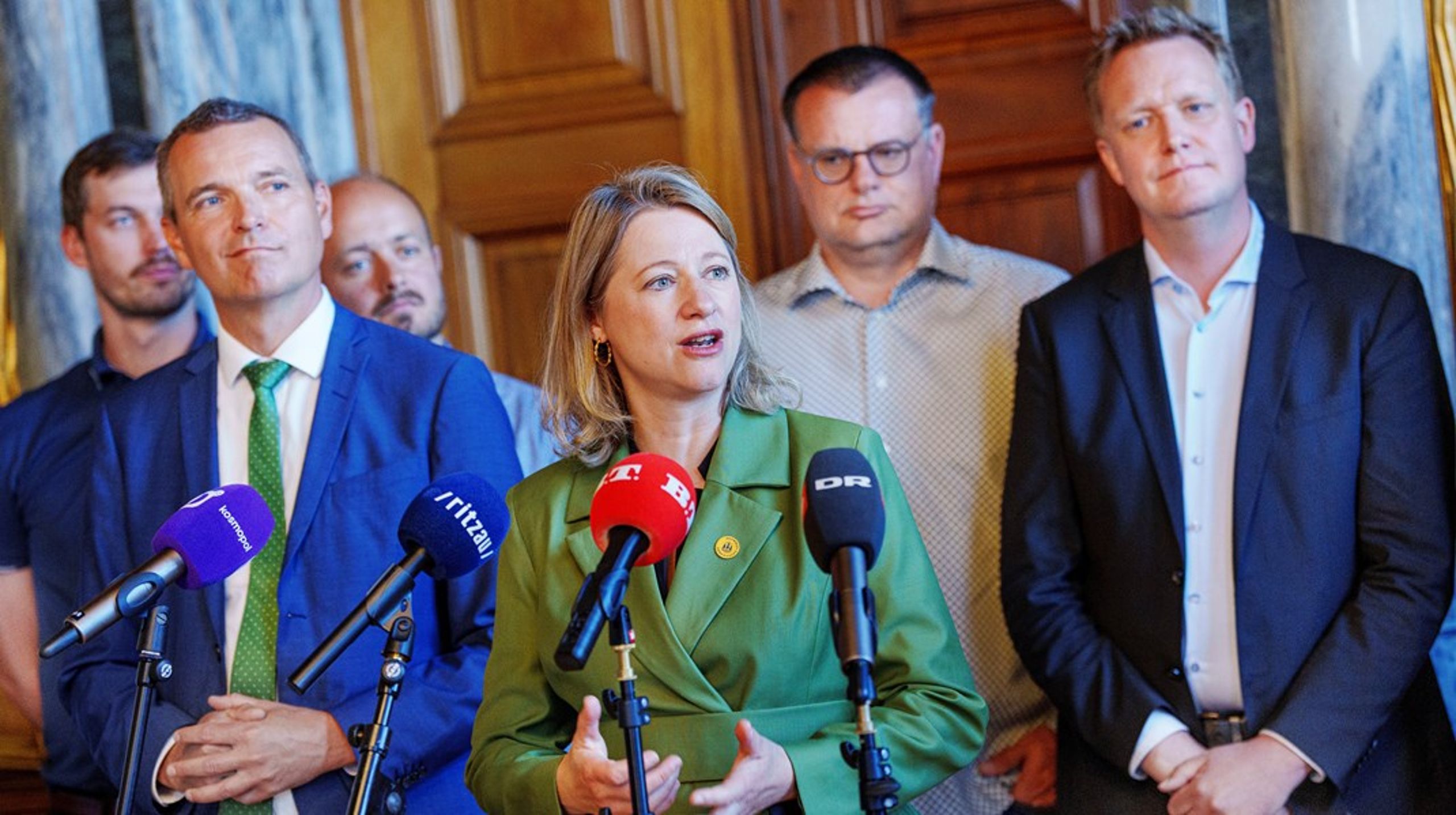 Overborgmester Sophie Hæstorp Andersen på pressemødet i juni, hvor den to-årige principaftale blev præsenteret.&nbsp;