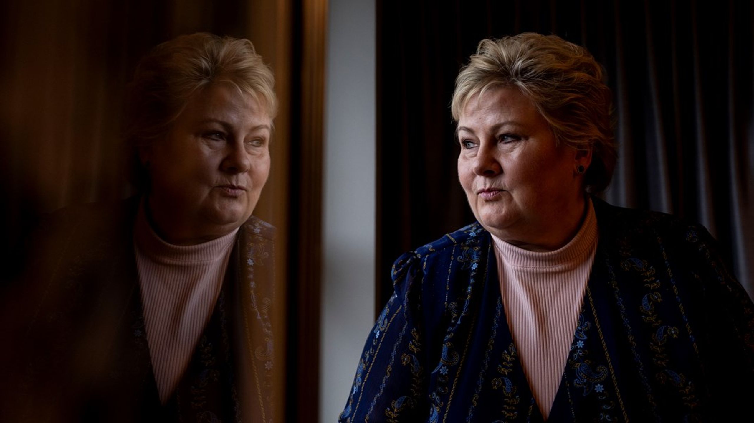Høyre-leder Erna Solberg mødte pressen torsdag til en række separate interviews i Høyres Hus i Oslo.