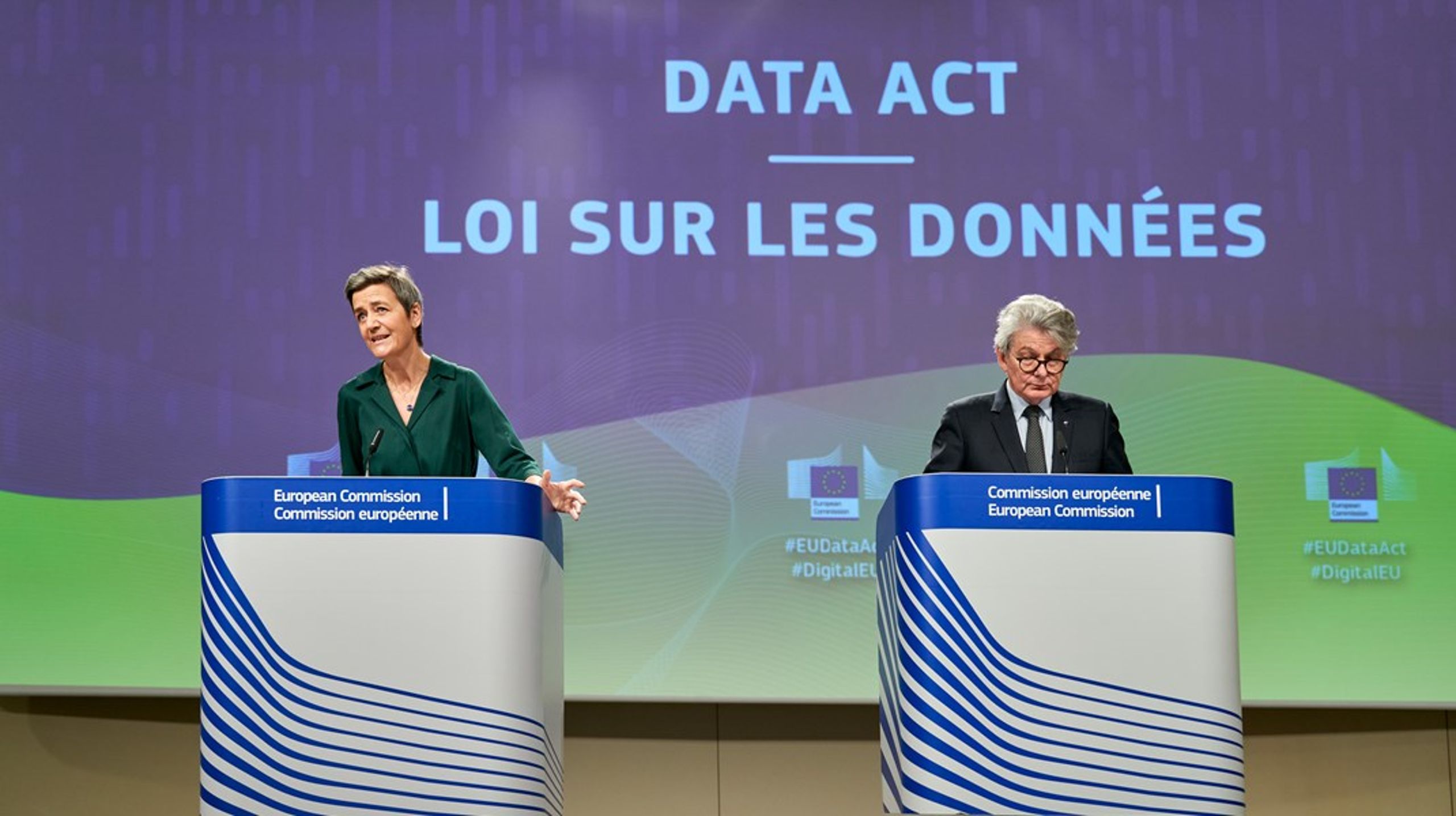 Dataforordningen er næsten en realitet efter Europa-Parlamentet formelt har godkendt aftalen. Nu mangler kun Rådets godkendelse. Her ses en tidligere briefing fra Kommissionen med Margrethe Vestager og Thierry Breton.