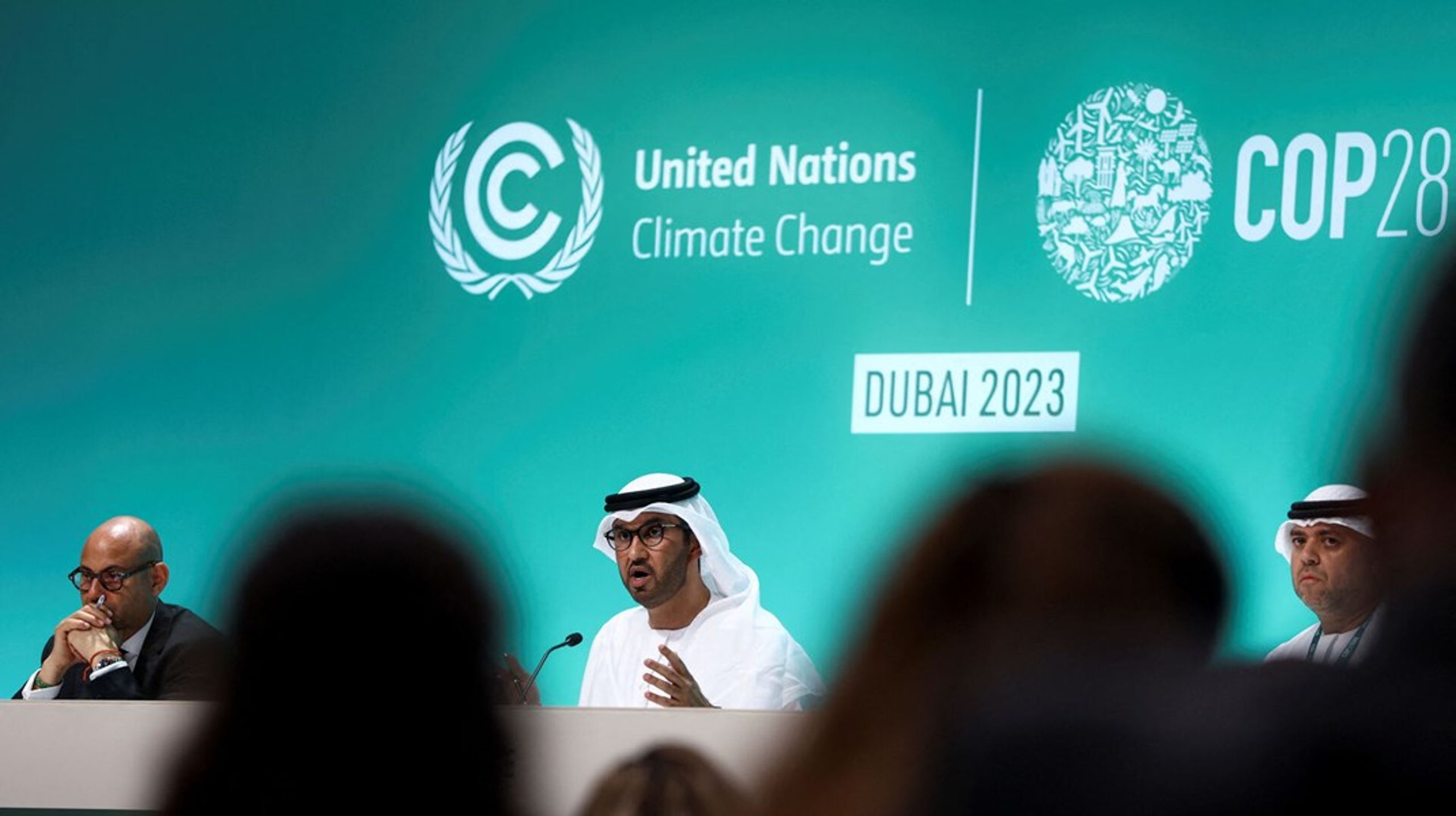 COP-præsident Dr. Sultan Ahmed al-Jaber i plenarsalen på den første dag af årets COP28 i Dubai.&nbsp;