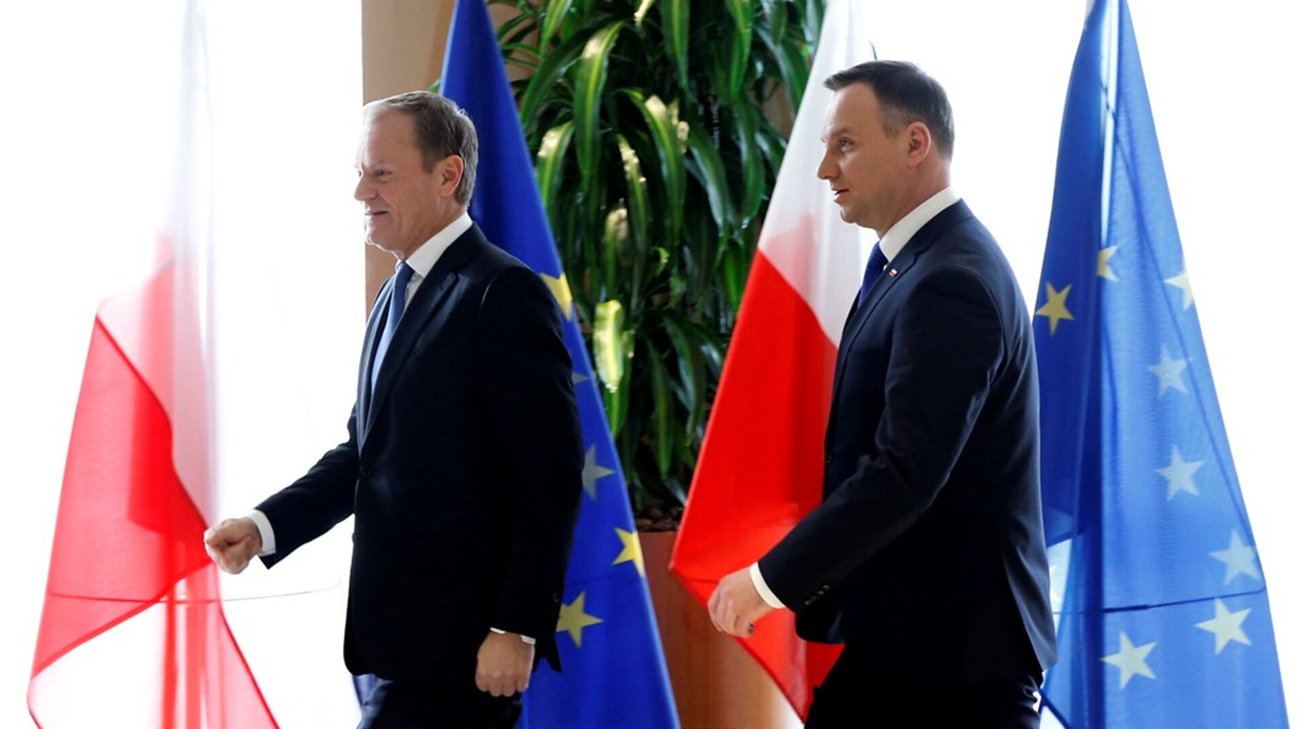 Polens politiske landskab er præget af magtkampe mellem landets nye premierminister, Donald Tusk (tv.), og præsident Andrzej Duda (th.).