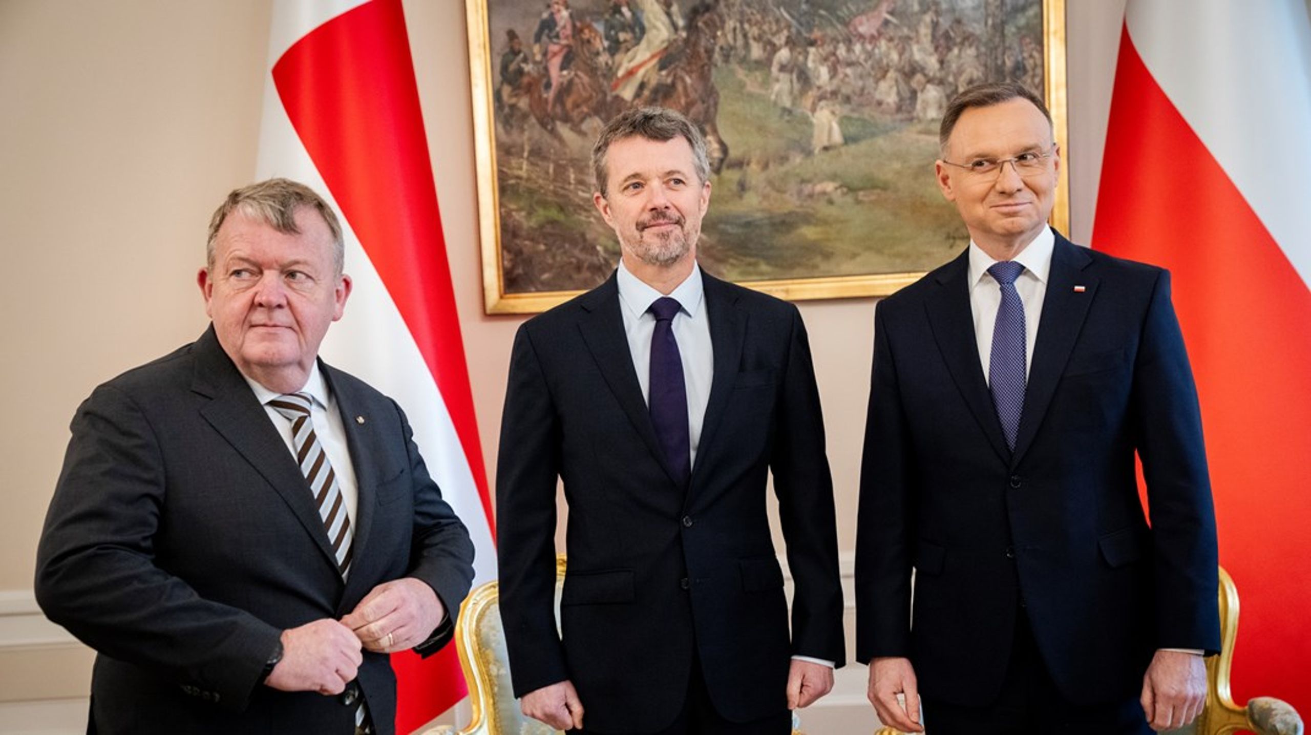 Udenrigsminister Lars Løkke Rasmussen og kong Frederik mødes Polens med Polens præsident Andrzej Duda&nbsp;i præsidentpaladset i Warszawa under et erhvervsfremstød i slutningen af januar. Arkivfoto.&nbsp;